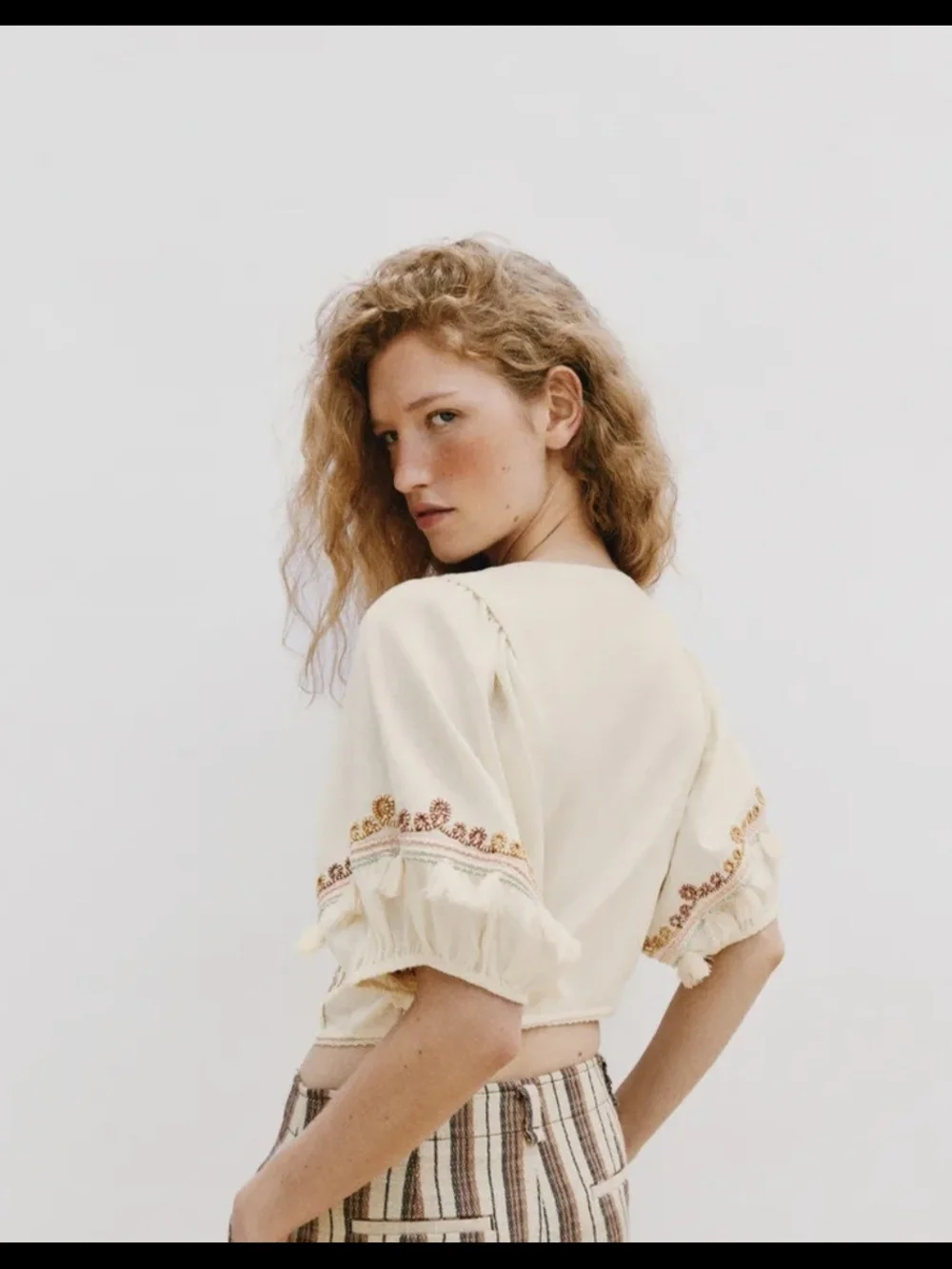 Zara Cream Embroidered Puff-Sleeve Blouse